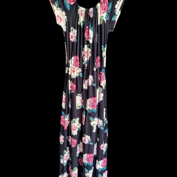 Poof New York Short One-Piece W/ Long Train Dress Woman’s LG Black  Flowered - Picture 2 of 6